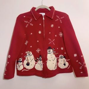 Jones New York Red 100% Lambswool Sport Petite Zip-up Holiday Sweater